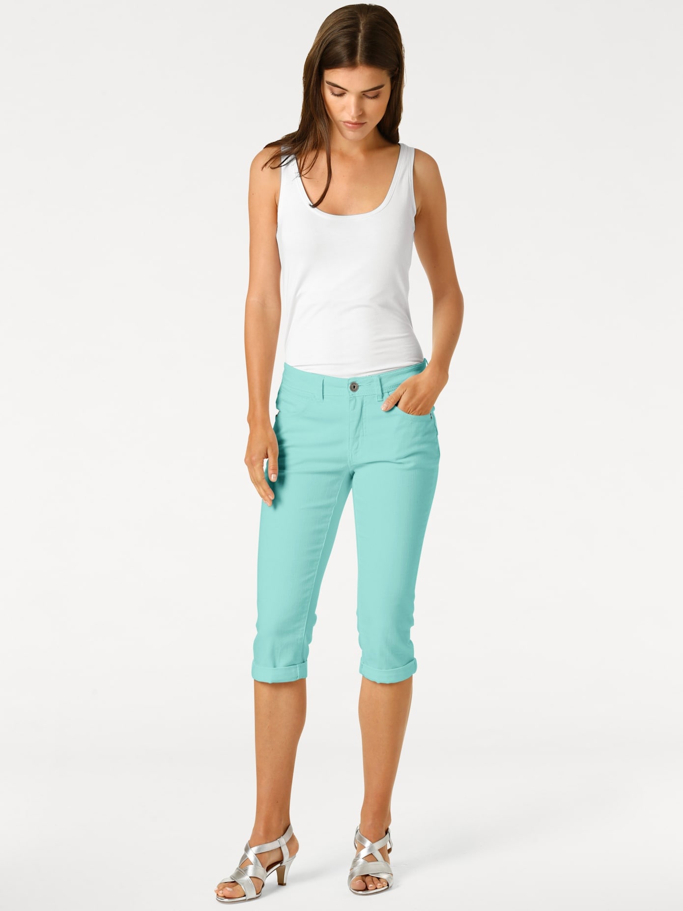 3/4-Hose HEINE, Damen, Gr. 34, Normalgrößen, blau (türkis), 98% Baumwolle, 2% Elasthan, unifarben, knielang, Hosen