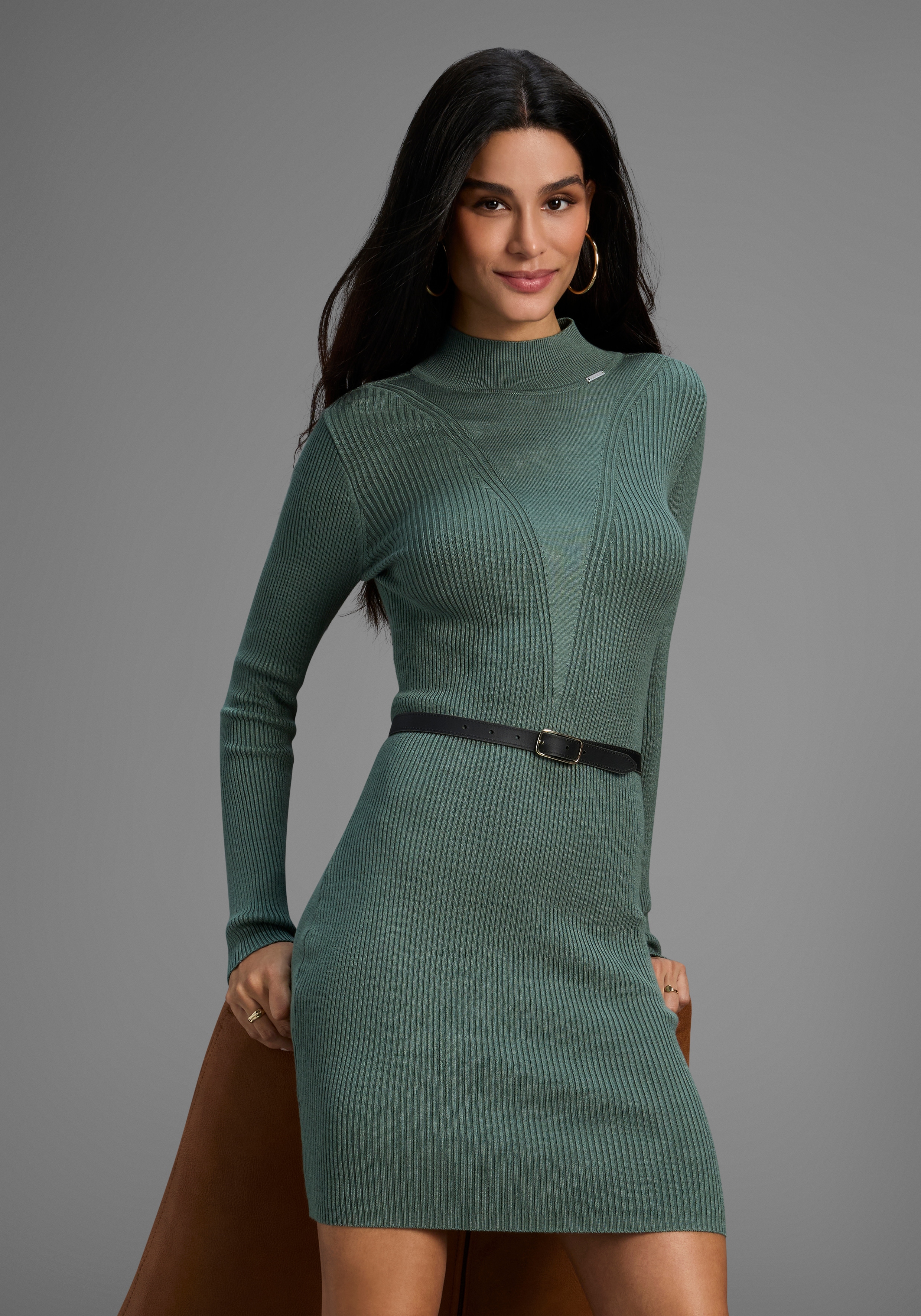 Strickkleid BRUNO BANANI, Damen, Gr. 48, N-Gr, graugrün, Strick, Obermaterial: 70% Viskose, 30% Polyamid, Mesh, unifarben, sehr figurbetont mini, Kleider Strickkleid, in Rippstrick - NEUE KOLLEKTION