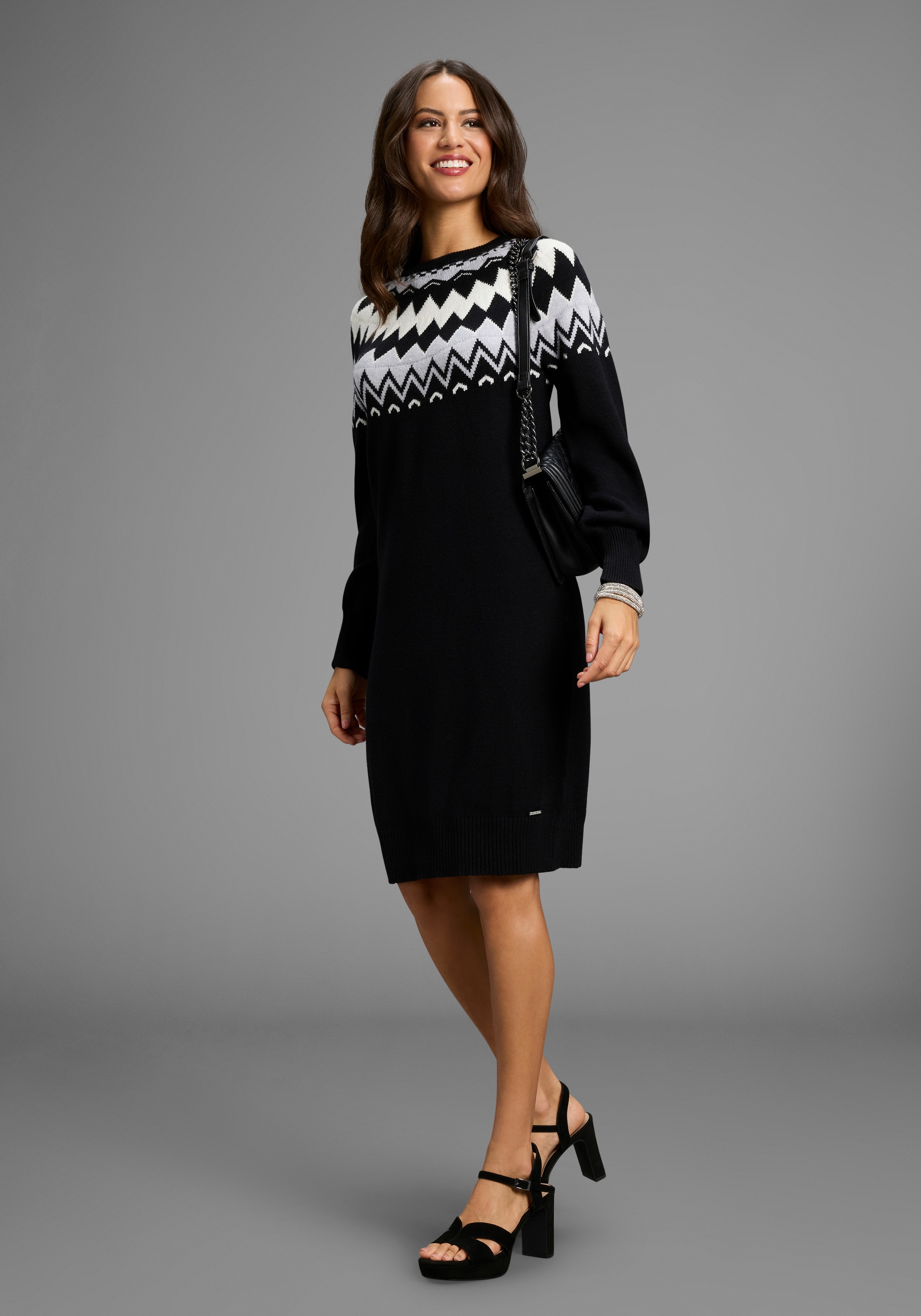 Strickkleid LAURA SCOTT, Damen, Gr. 38, N-Gr, schwarz, grau, Strick, Obermaterial: 50% Viskose, 28% Polyester, 22% Polyamid, Jacquardmuster, Norweger, gemustert, mehrfarbig, figurumspielend mini, Rundhals, Raglanärmel, Kleider, mit kuscheligem... Image