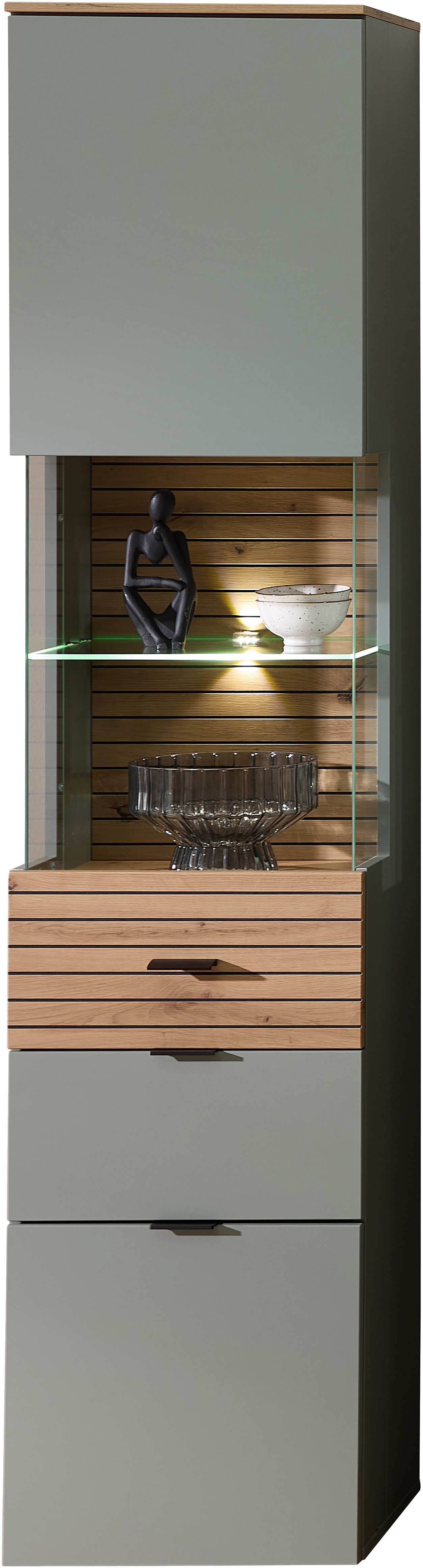 Vitrine INNOSTYLE "INA Vitrine, 45 x 200 x 36 cm (B/H/T)", schilfgrün, artisan eiche, B:45cm H:200cm T:36cm, ABS-Kunststoff, Glas, Holzwerkstoff, MDF, Metall, Schränke, Vitrine, L/R verwendbar, inkl. Beleuchtung, Softclose