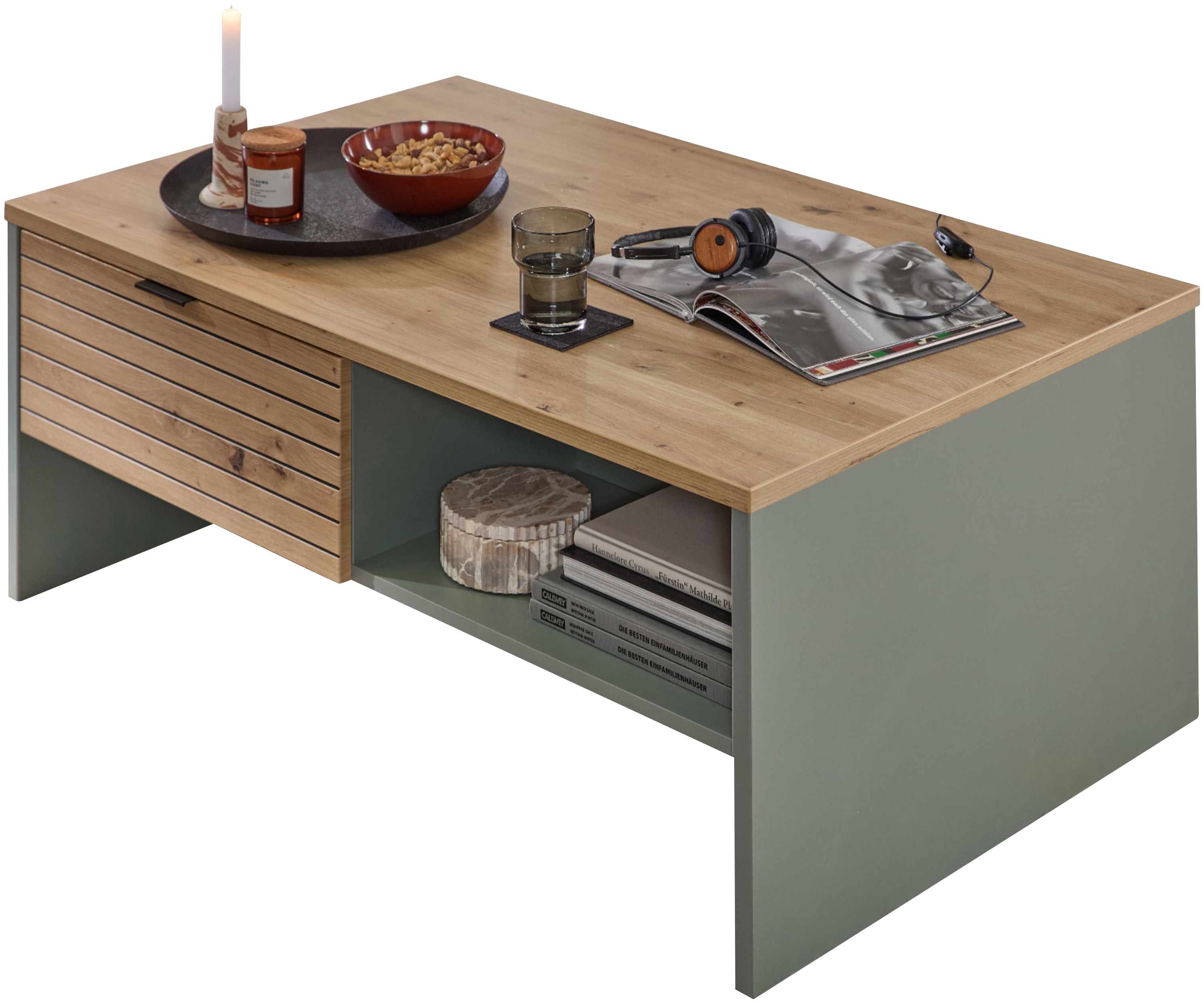 Couchtisch INNOSTYLE "INA Couchtisch, 110 x 44 x 65 cm (B/H/T)", schilfgrün, artisan eiche, schilfgrün, artisan eiche, artisan eiche, B:110cm H:44cm T:65cm, Tische, Couchtisch, 2 Schubladen, 2 offene Fächer