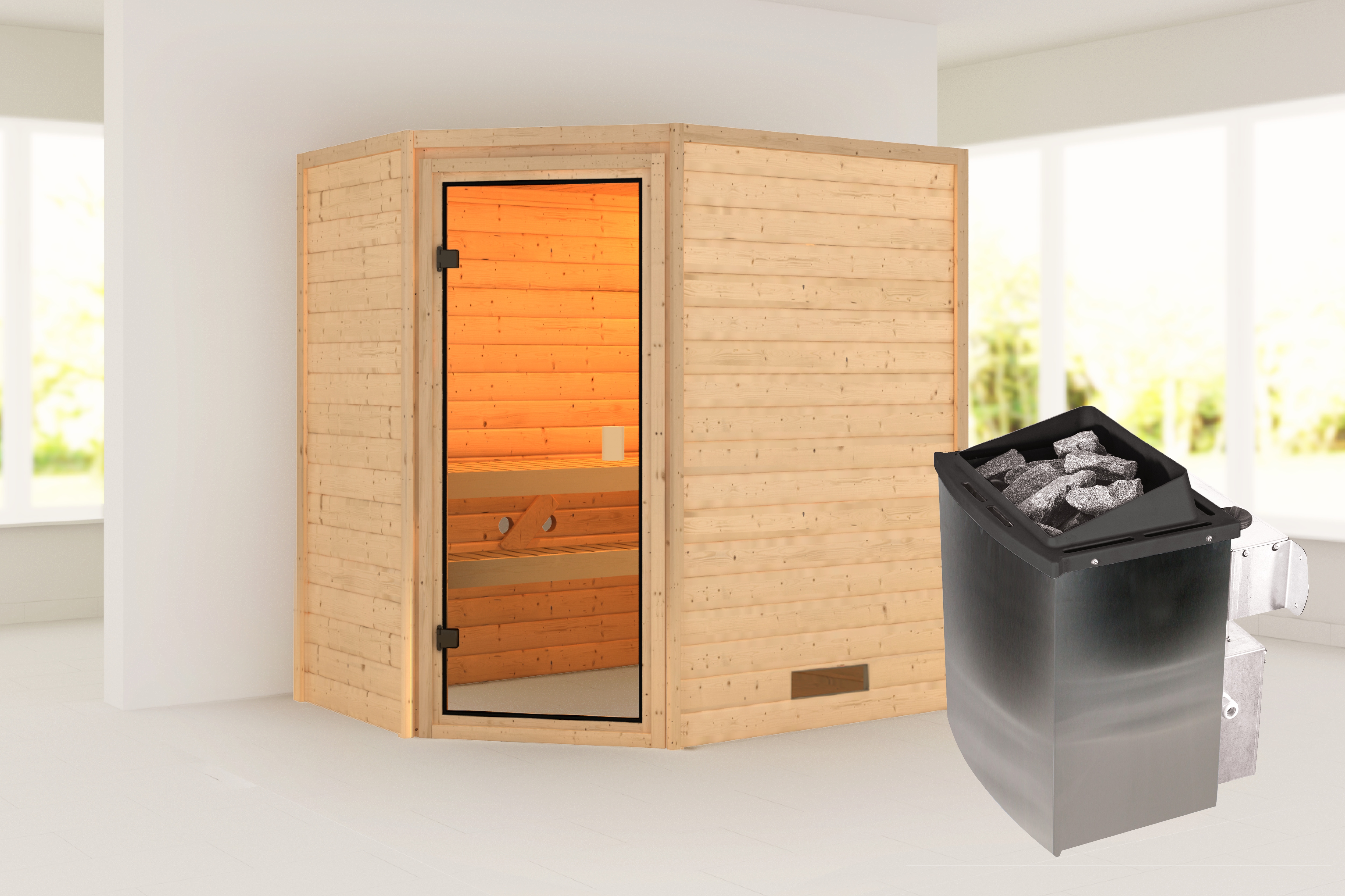 Sauna KARIBU "Juli" mit bronzierter Tür SET, naturbelassen mit Ofen 9 kW", naturbelassen, Saunaofen, integrierte Steuerung, 400 kW, Saunen, aus hochwertiger nordischer Fichte Image
