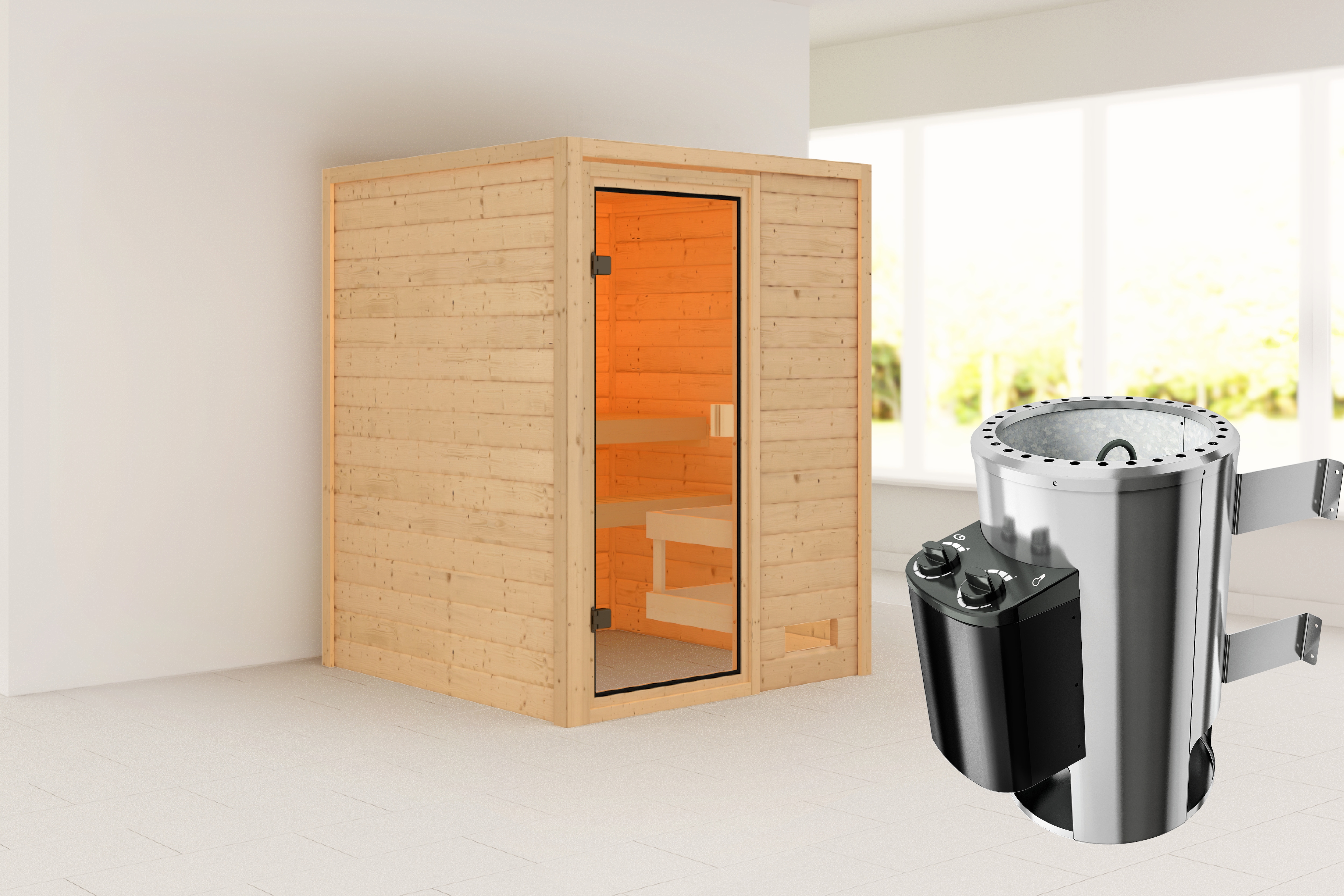 Sauna KARIBU "Sandy" mit bronzierter Tür, naturbelassen", beige (naturbelassen), Saunaofen, integrierte Steuerung, 230 kW, Saunen, aus hochwertiger nordischer Fichte Image
