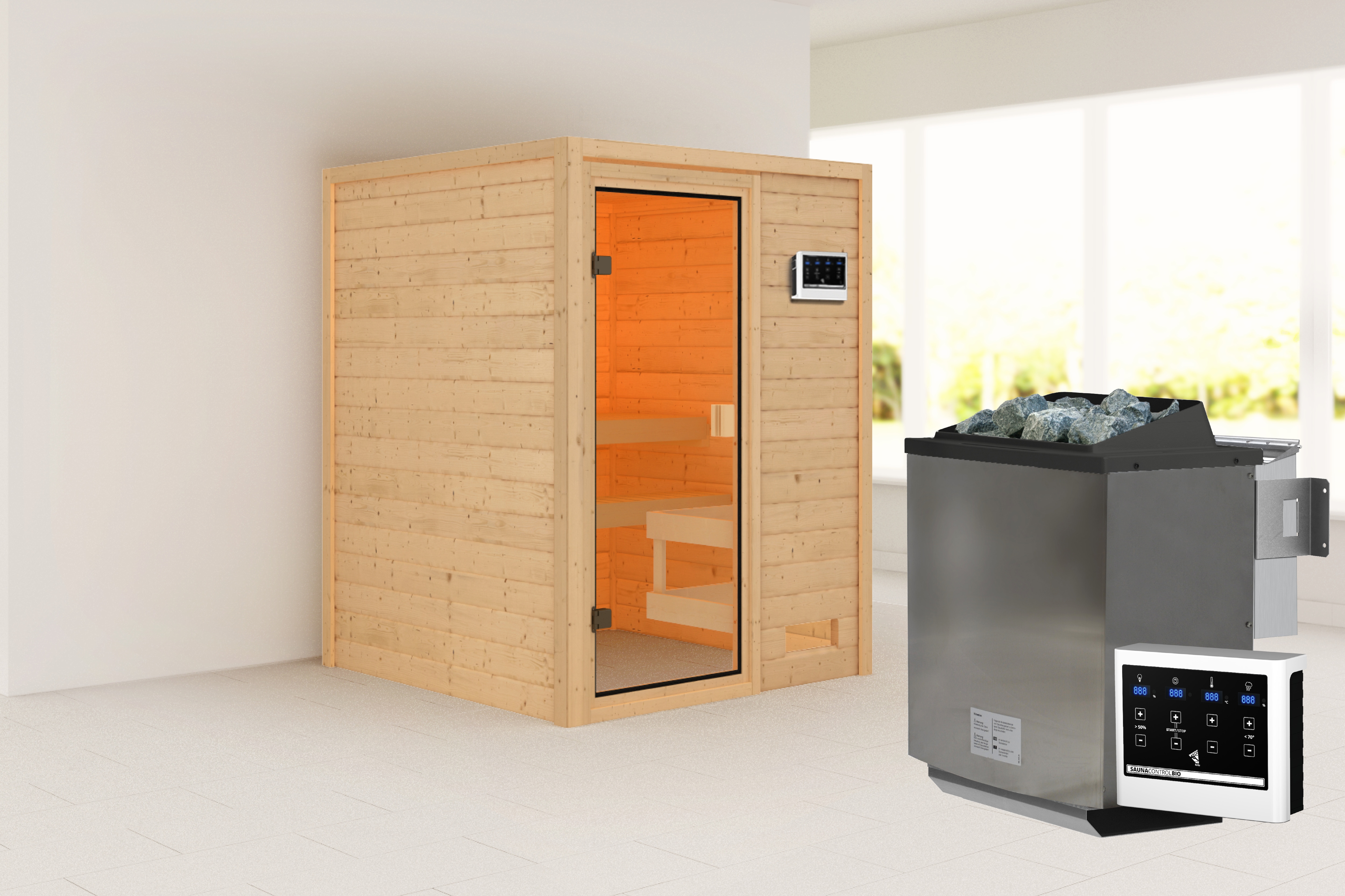 Sauna KARIBU "Sandy" mit bronzierter Tür SET, naturbelassen, mit Ofen 9 kW", beige (naturbelassen), Bio-Kombiofen, externe Steuerung, 400 kW, Saunen, aus hochwertiger nordischer Fichte
