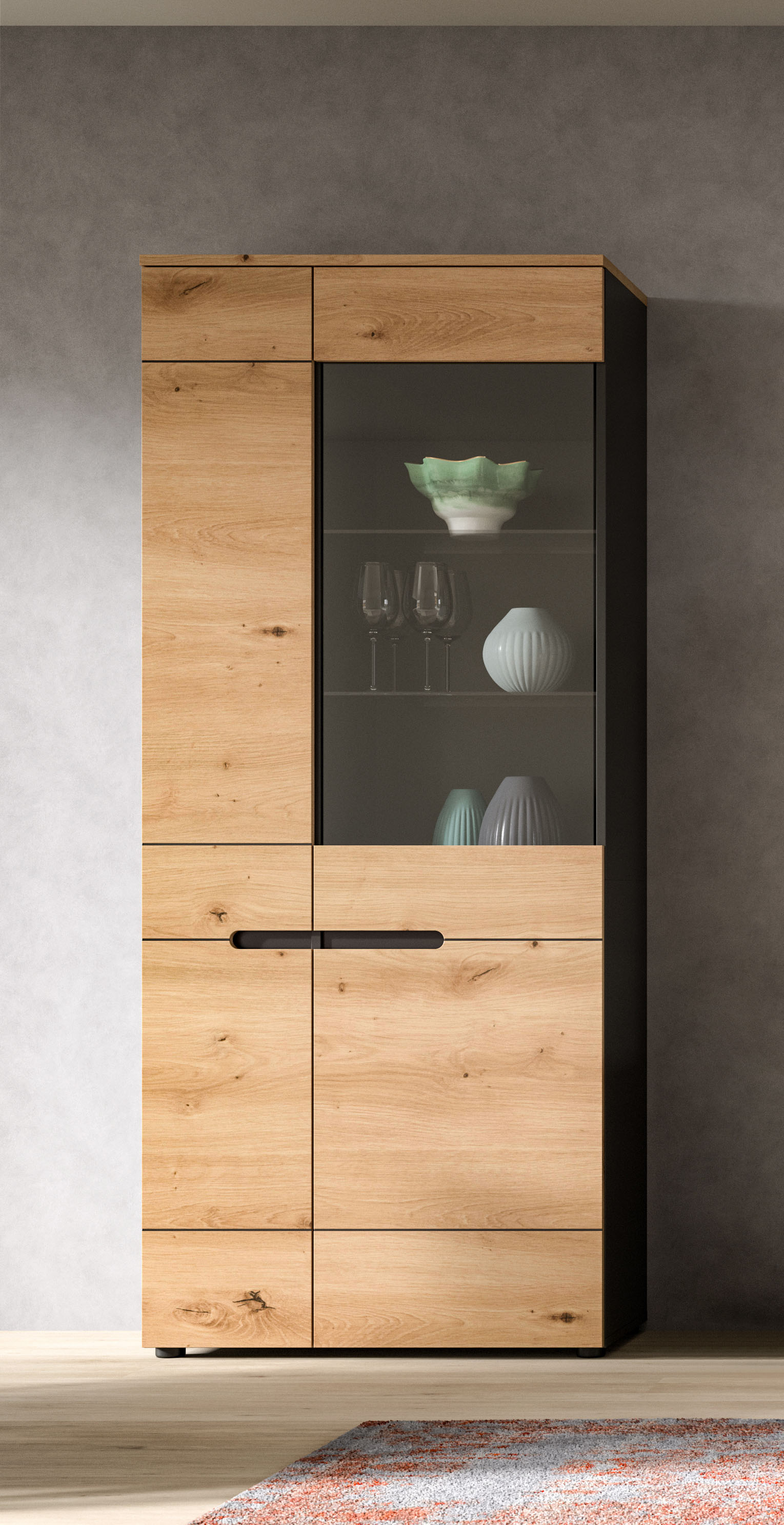 Vitrine INOSIGN "REHAT, TOPSELLER, Höhe 190 cm, 2 Türen, 4 Einlegeböden, 2 Glasböden", basalt grau, artisan nb, B:80cm H:125cm T:37cm, Glas, Spanplatte, Schränke, Vitrine, Vitrinenschrank, Schrank, Glasvitrine, Wohnzimmervitrine, Topseller