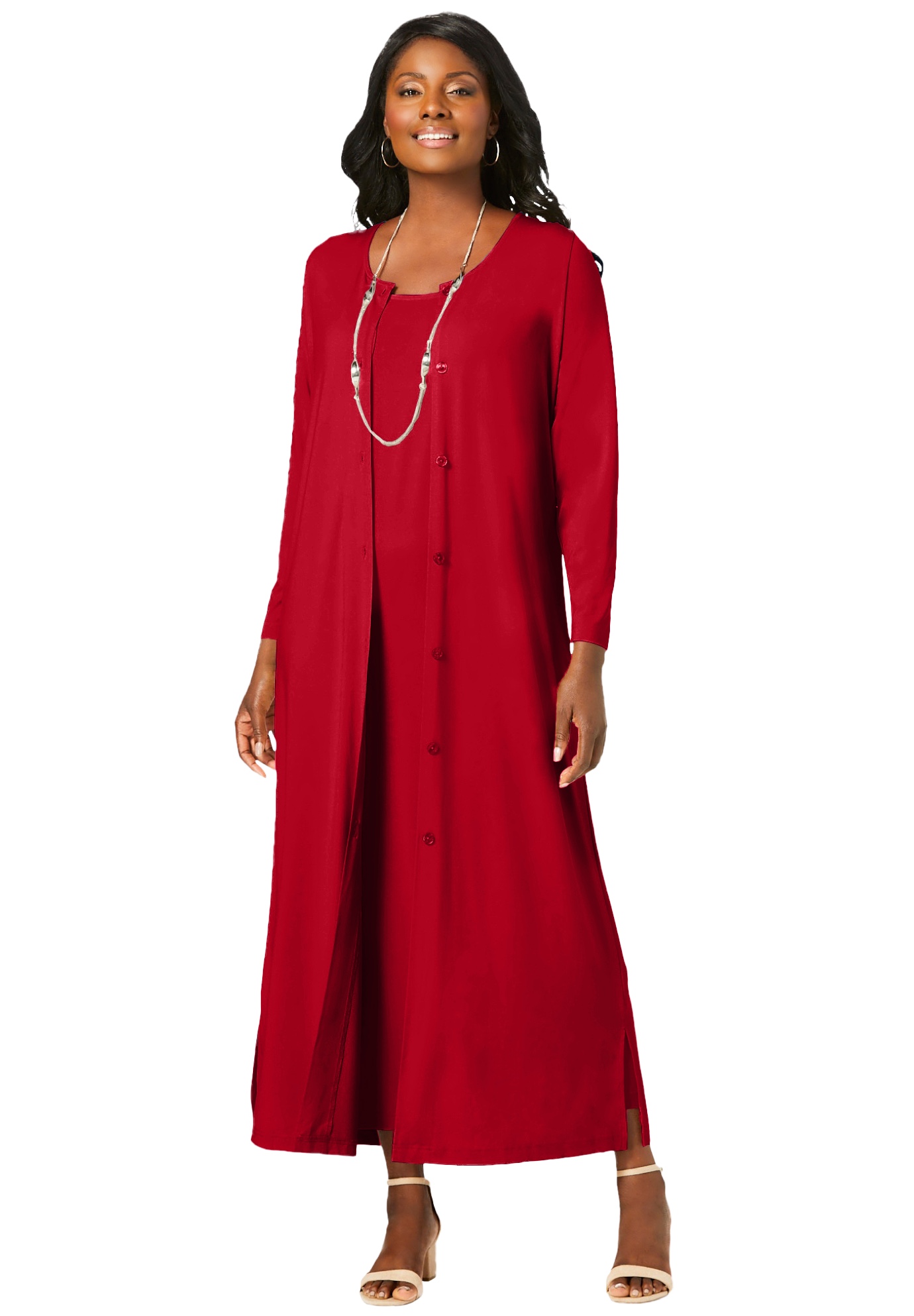 Plus Size Women's 2-Piece Stretch Knit Duster Set by The London Collection in Classic Red (Size 14/16)