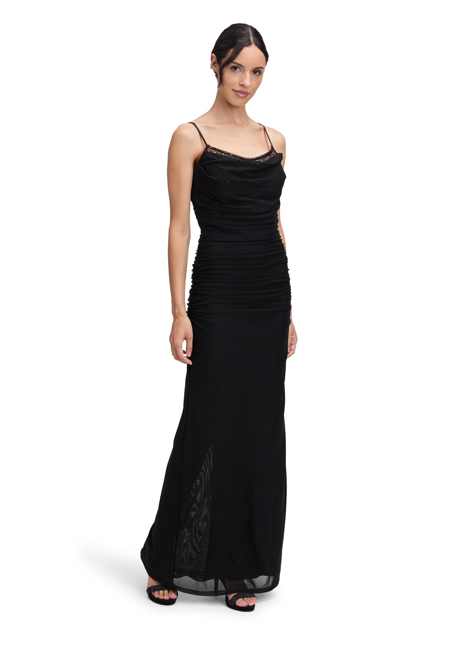 Abendkleid VERA MONT "Damen Abendkleid mit Spitzeneinsatz", Damen, Gr. 42, Normalgrößen, schwarz, Mesh, Obermaterial: 92% Polyamid, 8% Elasthan. Futter: 8% Elasthan., eng lang, Wasserfallausschnitt, Kleider Image