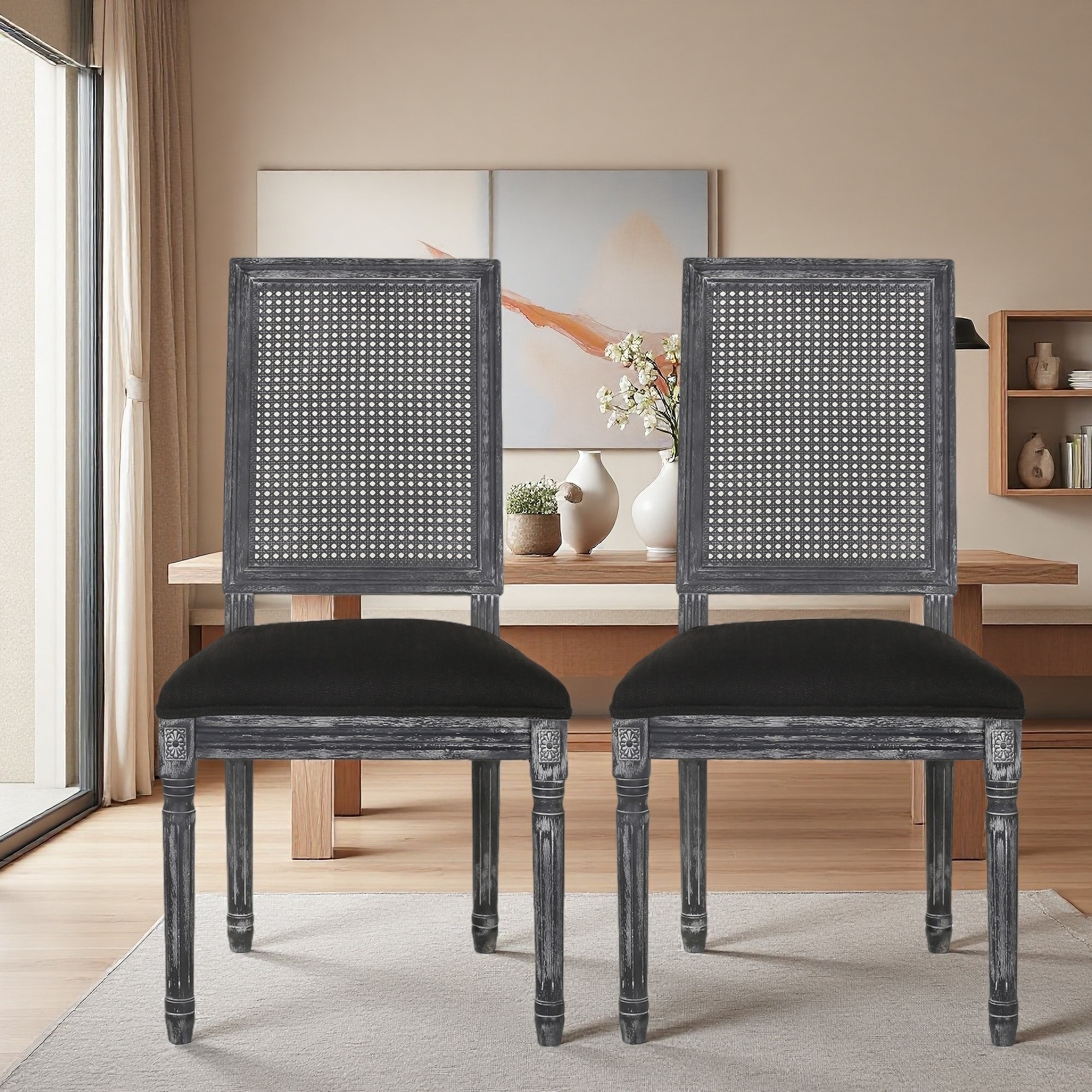 39.5"H Set of 2 French Country Dining Chairs with Rectangular Cane Back, Upholstered Seats, Fluted Legs, Weathered Finish