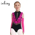 2 pezzi ragazze paillettes lucide jazz danza latina body ginnastica performance outfit senza maniche ritaglio color block body + guanti