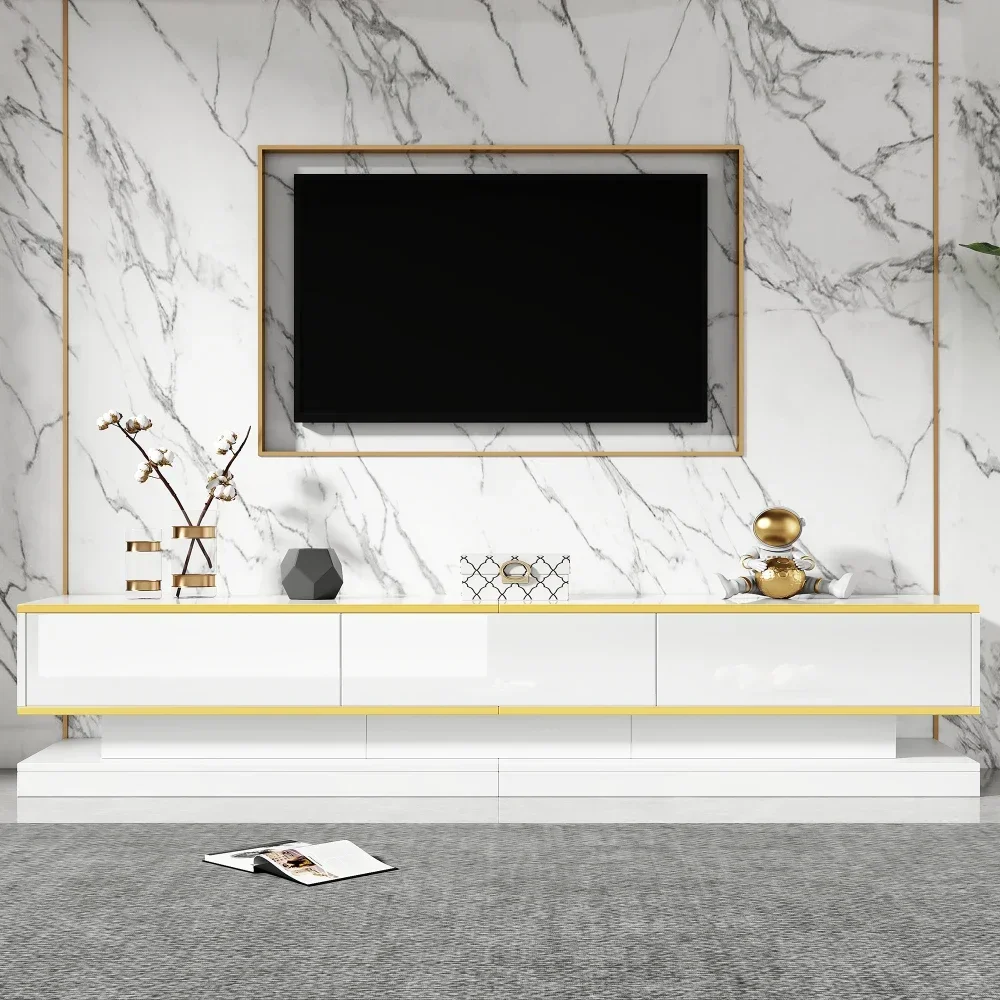 Meuble TV blanc chaud Lowboard – 3 tiroirs intégrés et grand espace de rangement, meubles de rangement de divertissement élégants à profil bas