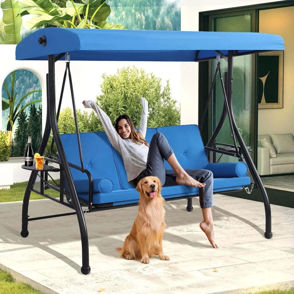 3-Seat Outdoor Patio Swings with Canopy Adjustable Porch Swing with Stand, Upgrade Pillows Cushions and Foldable Side Tray for