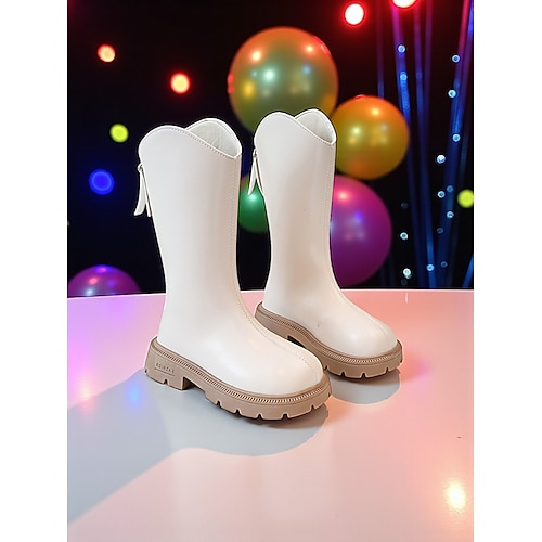 Von koreanischen Idols inspirierte Popstar-Kostümschuhe, kniehohe Stiefel aus weißem Kunstleder für Mädchen mit seitlichem Reißverschluss und dicker Sohle für Tanzauftritte und Freizeitkleidung Image