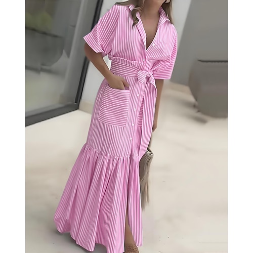 Damen Langes Kleid Maxikleid Hemdblusenkleid Modern Täglich Outdoor Urlaub Normale Passform Gestreift Kurzarm Rundhalsausschnitt Hemdkragen Blau Magenta Schwarz Rosa Frühling Herbst Image
