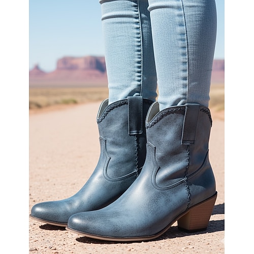 Herren-Westernstiefeletten aus braunem Vintage-Kunstleder – Used-Look mit geflochtenen Details, bequemer Blockabsatz für die Freizeit und den Outdoor-Bereich Image