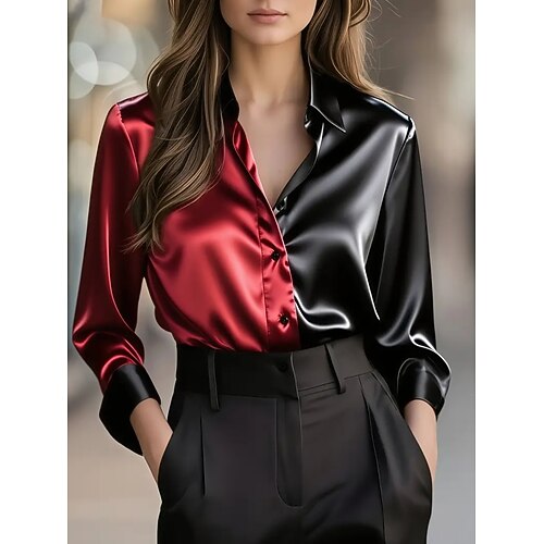 Damen Elegant Satin-Top Bluse Seiden-Oberteile Knöpfe Einfach Elegant Täglich Langarm V Ausschnitt Normale Oberteile Täglich Rote Grün Khaki Grau Herbst Image