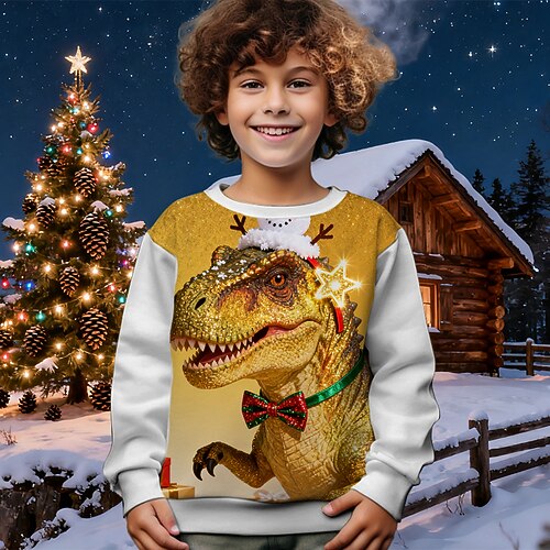 Weihnachten Jungen 3D Dinosaurier Sweatshirt Langarm Frühling Herbst Mode Basic Kinder 4-12 Jahre Rundhalsausschnitt Outdoor Lässig Täglich Normale Passform Image