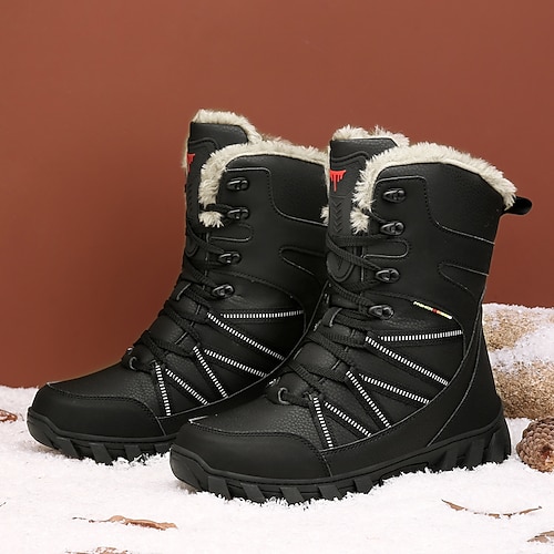 wasserdichte schwarze Schneestiefel für Herren mit Fellfutter, rutschfester Laufsohle und warmer Isolierung, strapazierfähiges Outdoor-Winterschuhwerk zum Wandern, Camping, Skifahren und Reisen bei kaltem Wetter Image