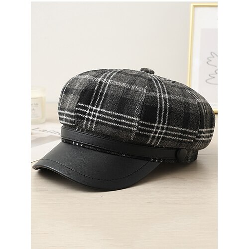 Karierte Zeitungsjungenmütze für Damen mit Schirm aus PU-Leder, Vintage-Gatsby-Baker-Boy-Mütze in mehreren Farben, stilvolles Accessoire für Weihnachtsfeiern und Wintergeschenk Image