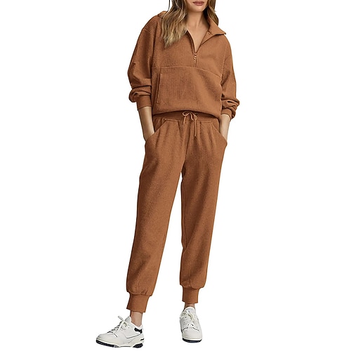 Damen Pullover-Trainingsanzug-Sets 2-teiliger Trainingsanzug Lounge-Outfits mit Tasche Einfarbig Kombination Herbst Schwarz Rosa Fitnessstudio Laufen Fitness Atmungsaktiv Langarm Sport Sportkleidung Image