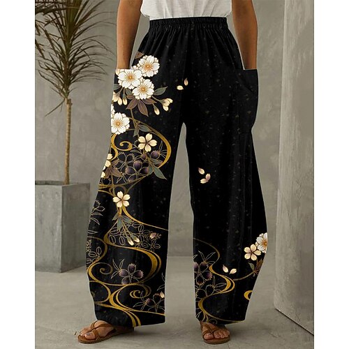 Damen Weites Bein Hosen Hose Urlaub Vintage Ethno-Stil Volle Länge Hohe Taille Blumen Tasche Elastischer Bund Druck Bequem Atmungsaktivität Unelastisch Lässig Täglich Urlaub Schwarz Sommer Frühling Image