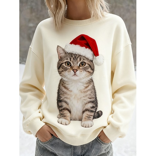 Weihnachts Frauen Pullover Grafik Tier Warm Klassisch Lässig Langarm Rundhalsausschnitt Reguläre Tops Zuhause Street Alltag Druck Schwarz Pink Khaki Beige Herbst Winter