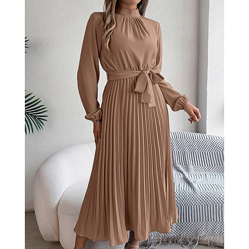 Damen Midikleid Satinkleid Partykleid Cocktailkleid Gerafftes Kleid Elegant Modern Abendgesellschaft Party Date Normale Passform Einfach Langarm Stehkragen Schwarz Rosa Wein Grün Herbst Winter Image