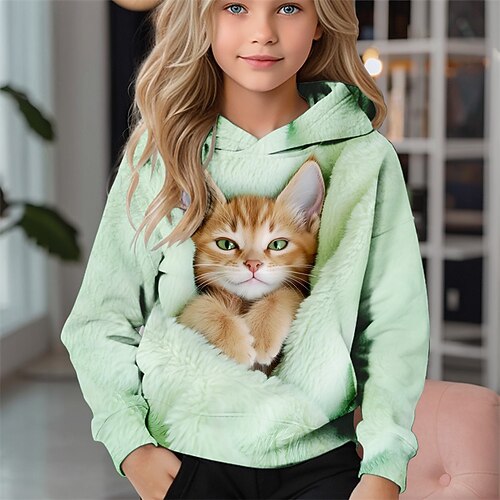 Mädchen 3D Katze Kapuzensweatshirt Langarm Herbst Winter Mode Niedlich Basic Kinder 4-12 Jahre Mit Kapuze Outdoor Lässig Täglich Normale Passform Image