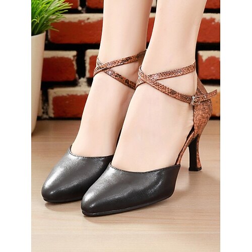 Damen-Ballsaal-Tanzschuhe mit roten Kreuzriemen und Absatz in Schlangenmuster – professionelle Latin-Tango-Salsa-Pumps für Gatsby-Partys und elegante Balltanzveranstaltungen Image