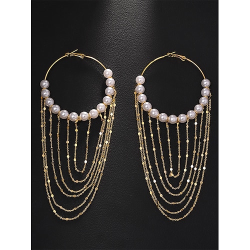 Große Perlencreolen für Damen mit mehrlagigen Goldketten – Statement-Schmuck für Party-Outfits, Nachtclub-Mode besondere Anlässe Image