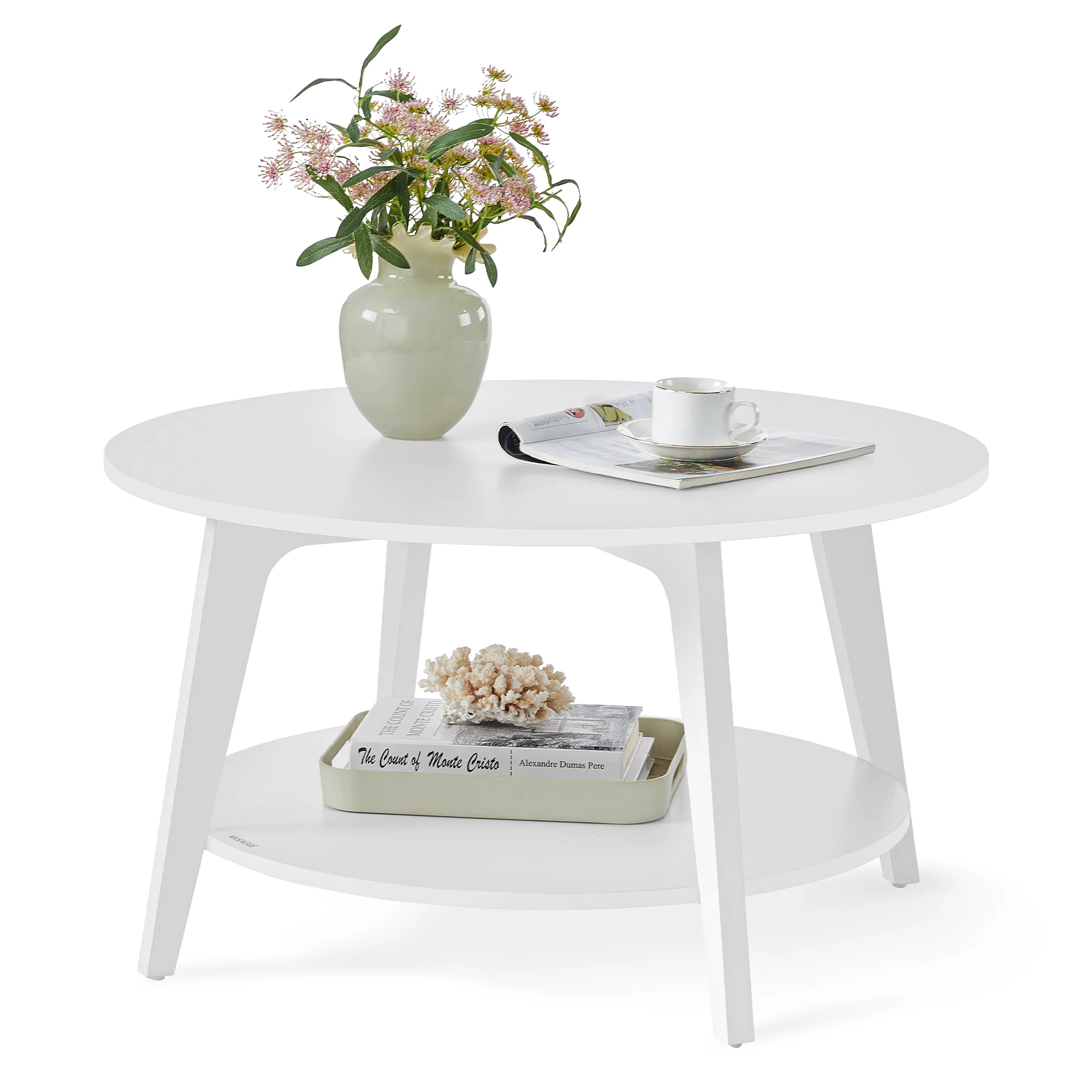 VASAGLE Couchtisch, Wohnzimmertisch 2 Ebenen, ∅80 x 45 cm, einfach zu montieren,Schneeweiß