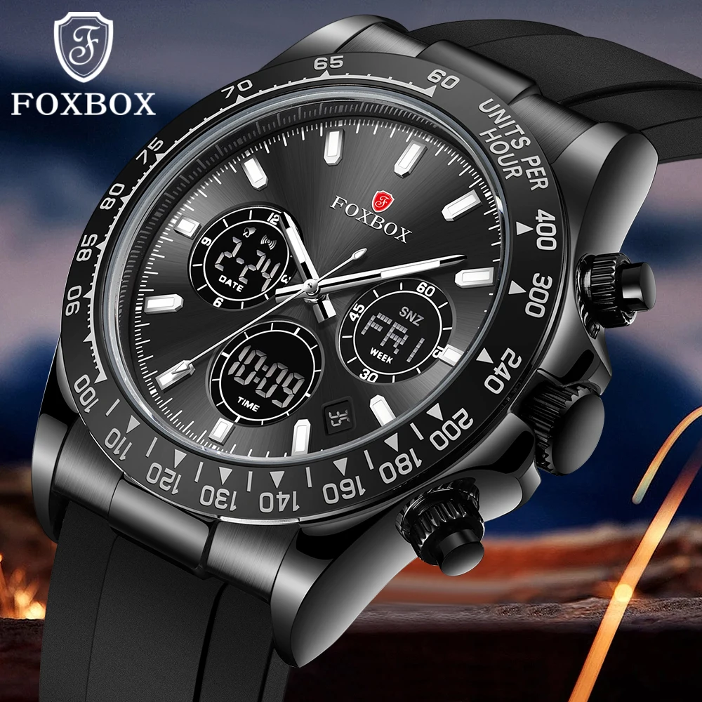 FOXBOX Elektronische Uhren für Herren, Militär, Freizeit, Sport, wasserdicht, Silikonarmband, Herrenuhr, leuchtende Armbanduhr, automatisches Datum Image