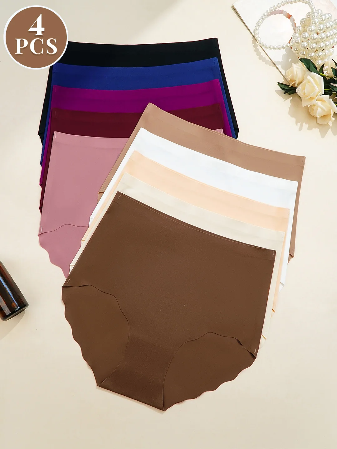 4er-Pack Slips mit hoher Taille und Muschelbesatz, sexy, atmungsaktive No-Show-Dreieckshöschen, nahtlose Damenunterwäsche und Dessous Image