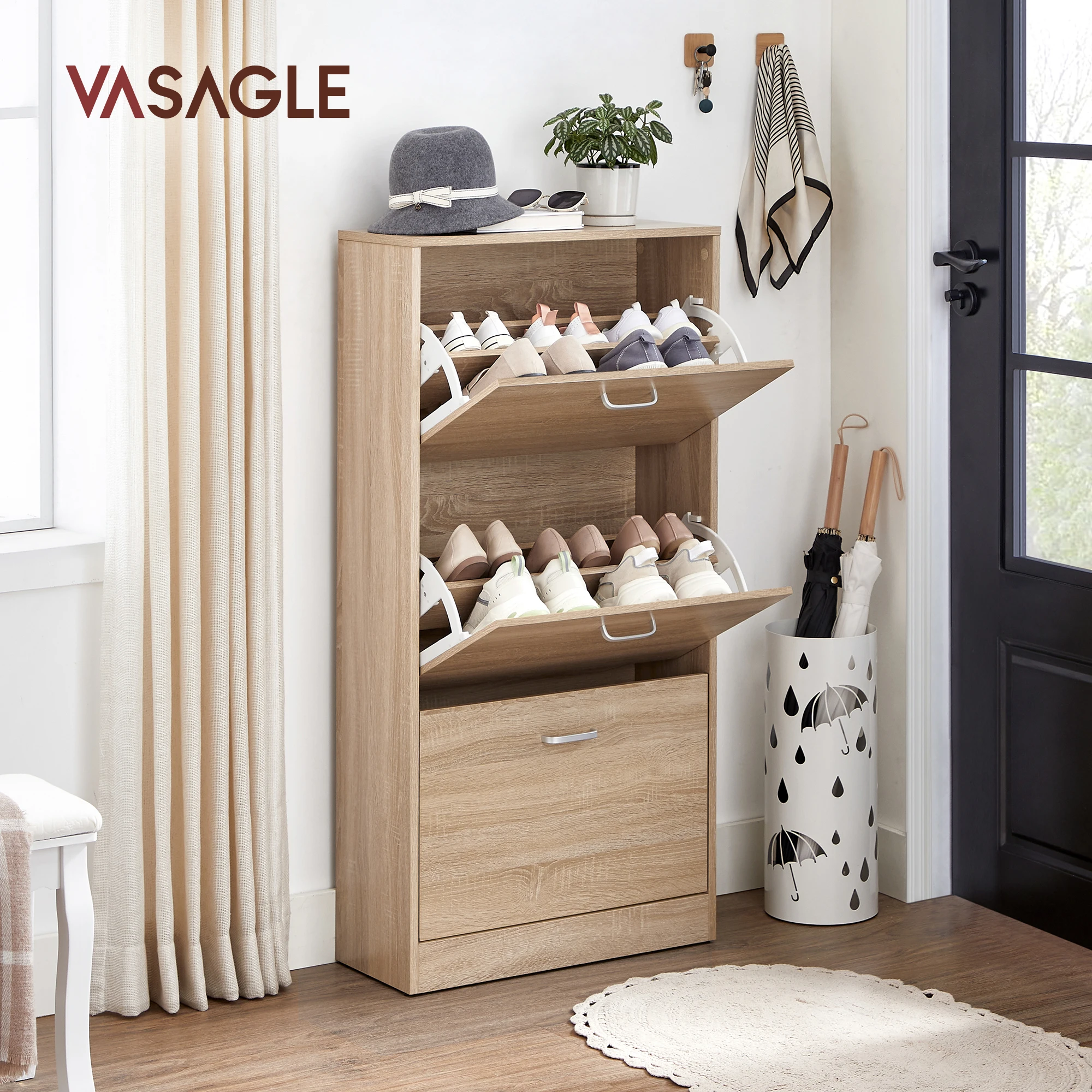 VASAGLE Schuhschrank mit 3 Klappen Schuhregal mit 3 Ebenen 60 x 24 x 120 cm (L x B x H) Eichen-Optik von SONGMICS LBC03NL Image