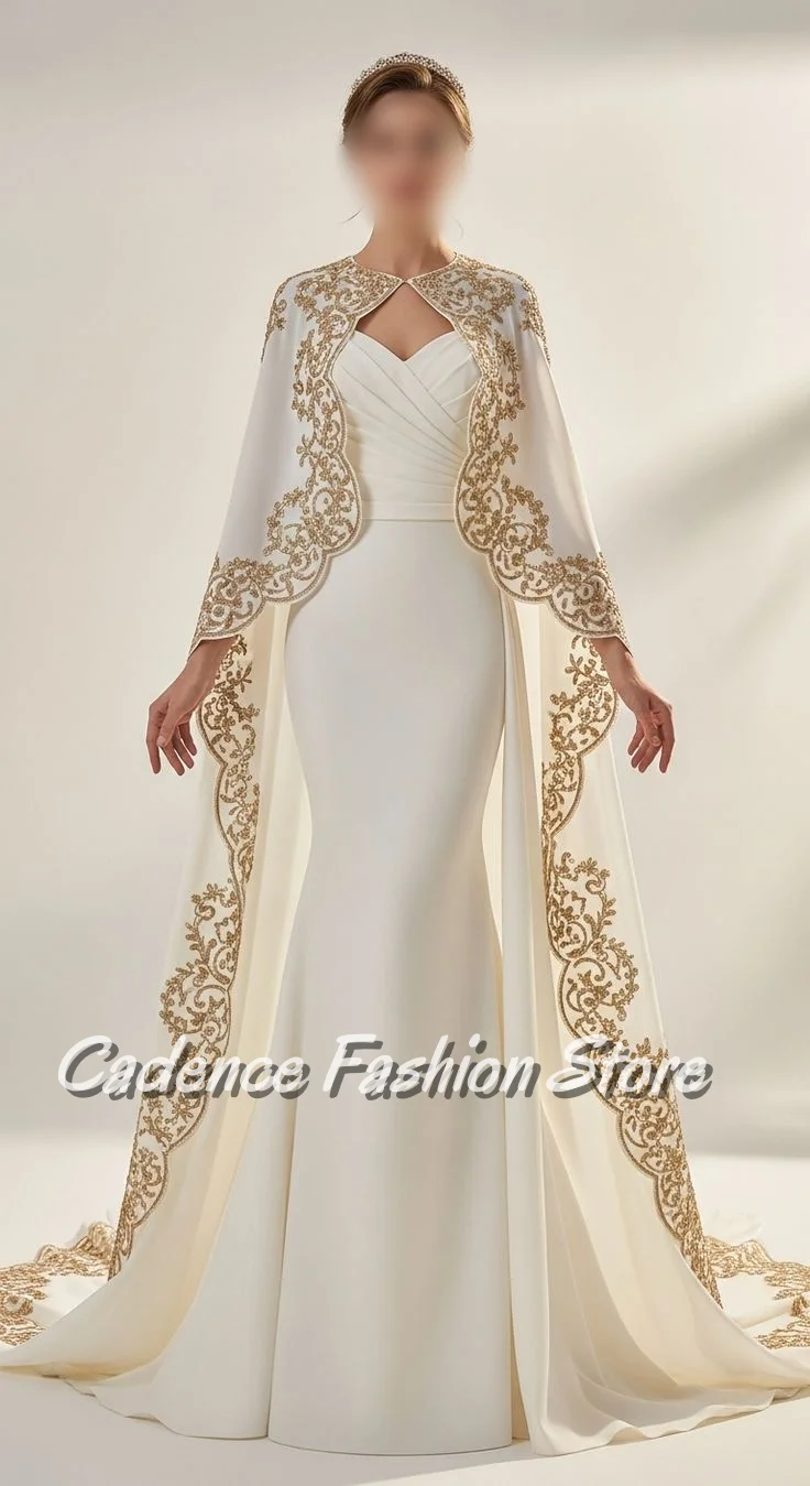 Maßgeschneiderter weißer Rundhalsschal mit Schleppe, elegante Brautkleider, V-Ausschnitt, plissiert, Fischschwanz und Boden, goldener Spitzeneinsatz, Brautmode Image