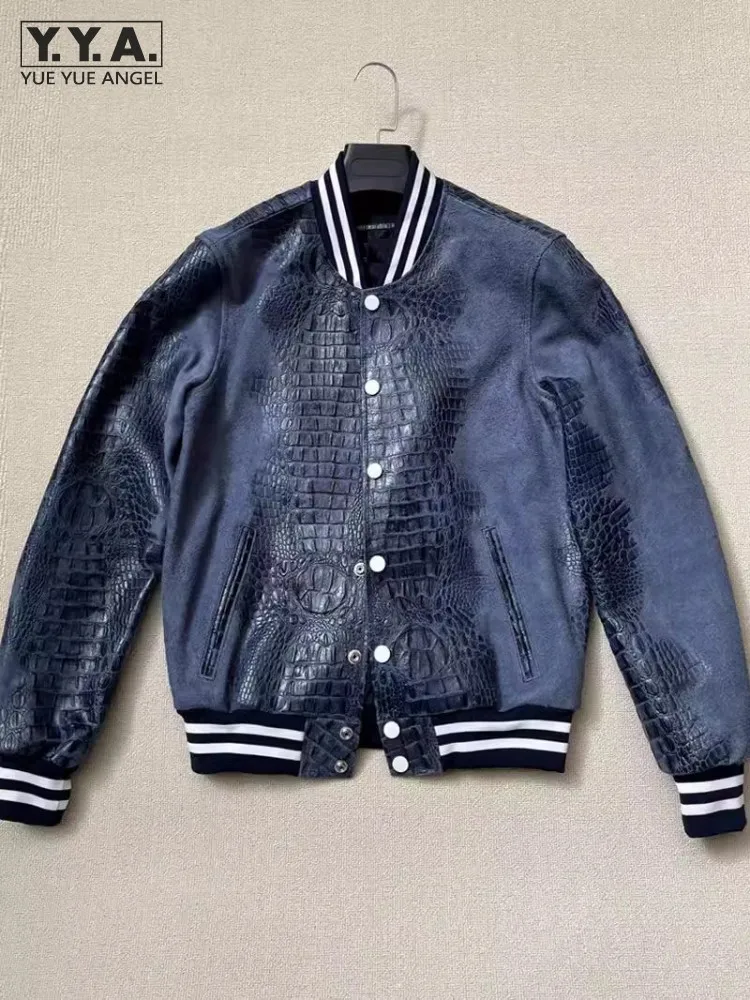 Krokodil Muster Rindsleder Echtes Leder Bomber Jacke Männer Lose Fit Einreiher Strang Kragen Casual Motorrad Biker Mantel Image