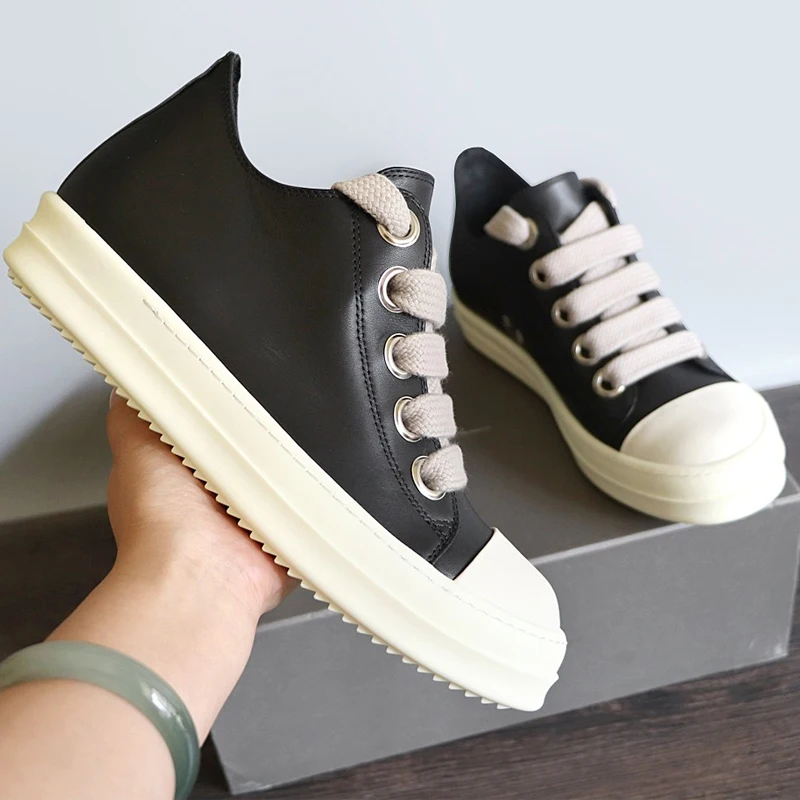 Herrenschuhe aus echtem Leder, Jumbo-Schnürsenkel, Damen-Sneaker, modisch, schwarz, solide Schnür-Freizeitschuhe für Herren