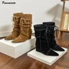 Ins stil Mode Plissee Faux Wildleder Frauen Mid-kalb Stiefel Elegante Spitz Keil High Heels Herbst Winter Chelsea stiefel Schuhe