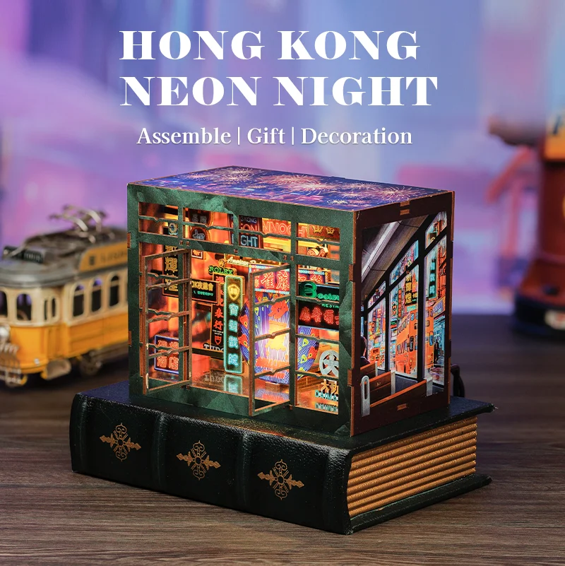 CUTEBEE DIY Mini-Buchstütze für Stadtbild, Hong Kong Neon-Nacht mit leuchtenden Eigenschaften, kreative Schreibtischdekoration für Booknook-Liebhaber, handgefertigt Image