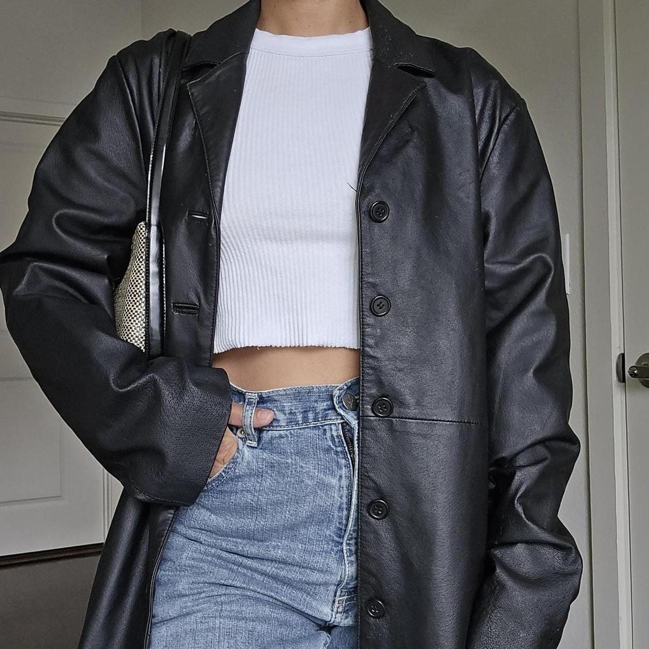 Giacca blazer in pelle nera da donna - Trench lungo in pelle vintage anni '90 - Streetwear minimalista chic classico - Cappotto con colletto in vera p