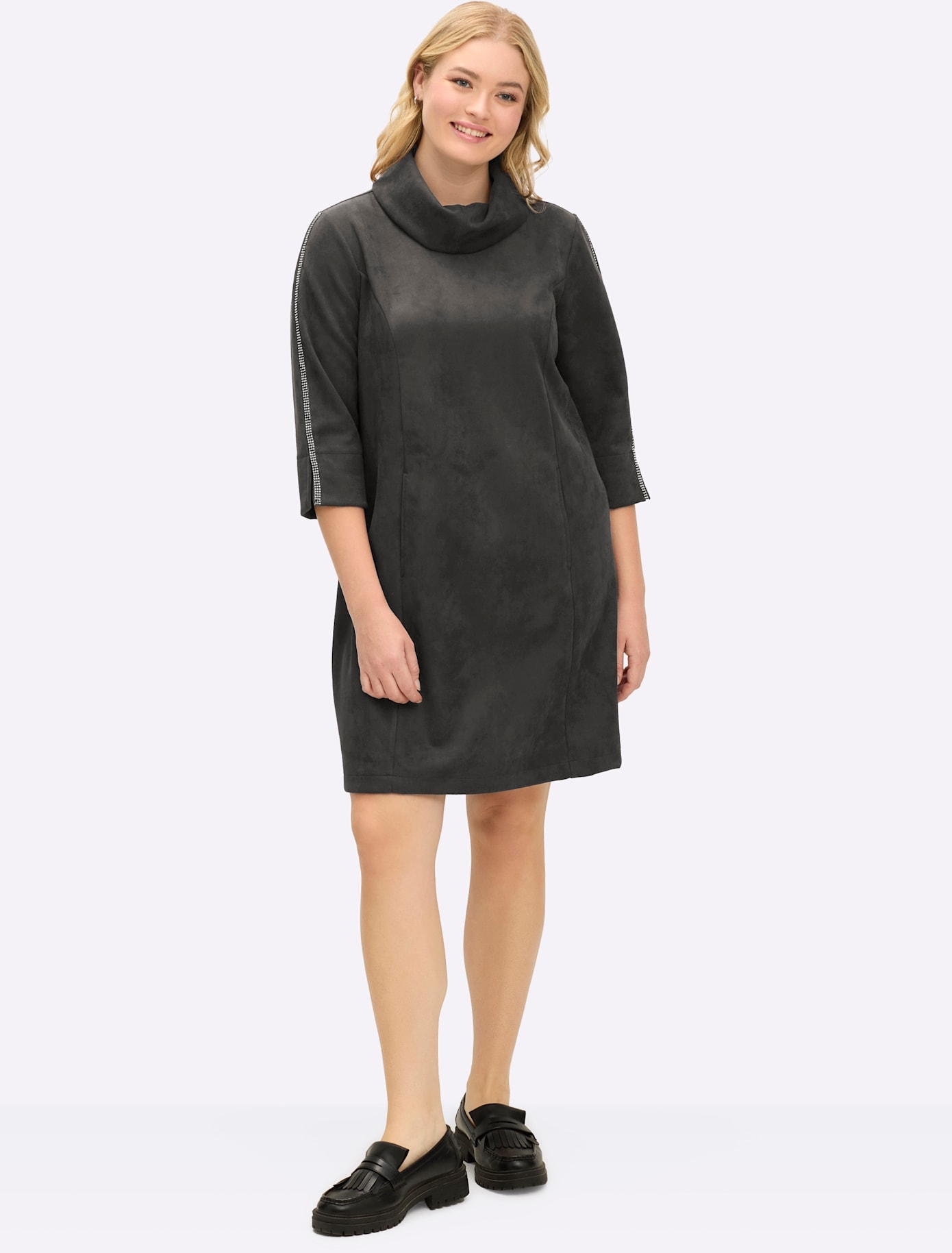 A-Linien-Kleid SHEEGO "Velours-Kleid", Damen, Gr. 50, Normalgrößen, graphit, 90% Polyester, 10% Elasthan, unifarben, kurz, Kleider Image