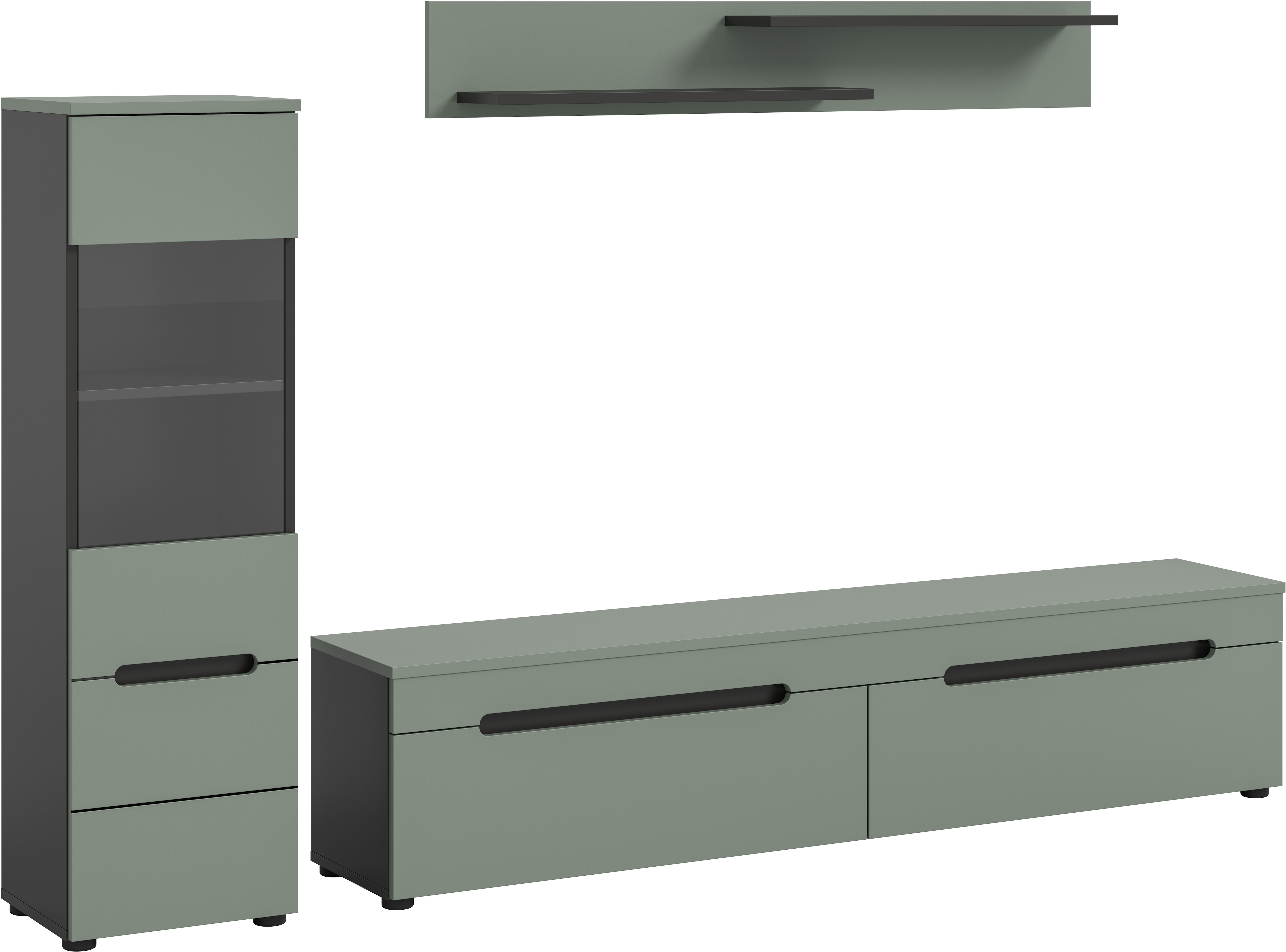 Wohnwand INOSIGN "REHAT, TOPSELLER, 3-teilig, wahlweise stehend und hängend montierbar", basalt grau, smoke grün nb, B:221cm H:141cm T:33cm, Spanplatte, Kastenmöbel-Sets, Kombination, Anbauwand, Set, Wohn-Set, Wohnzimmer-Set, Schrankwand