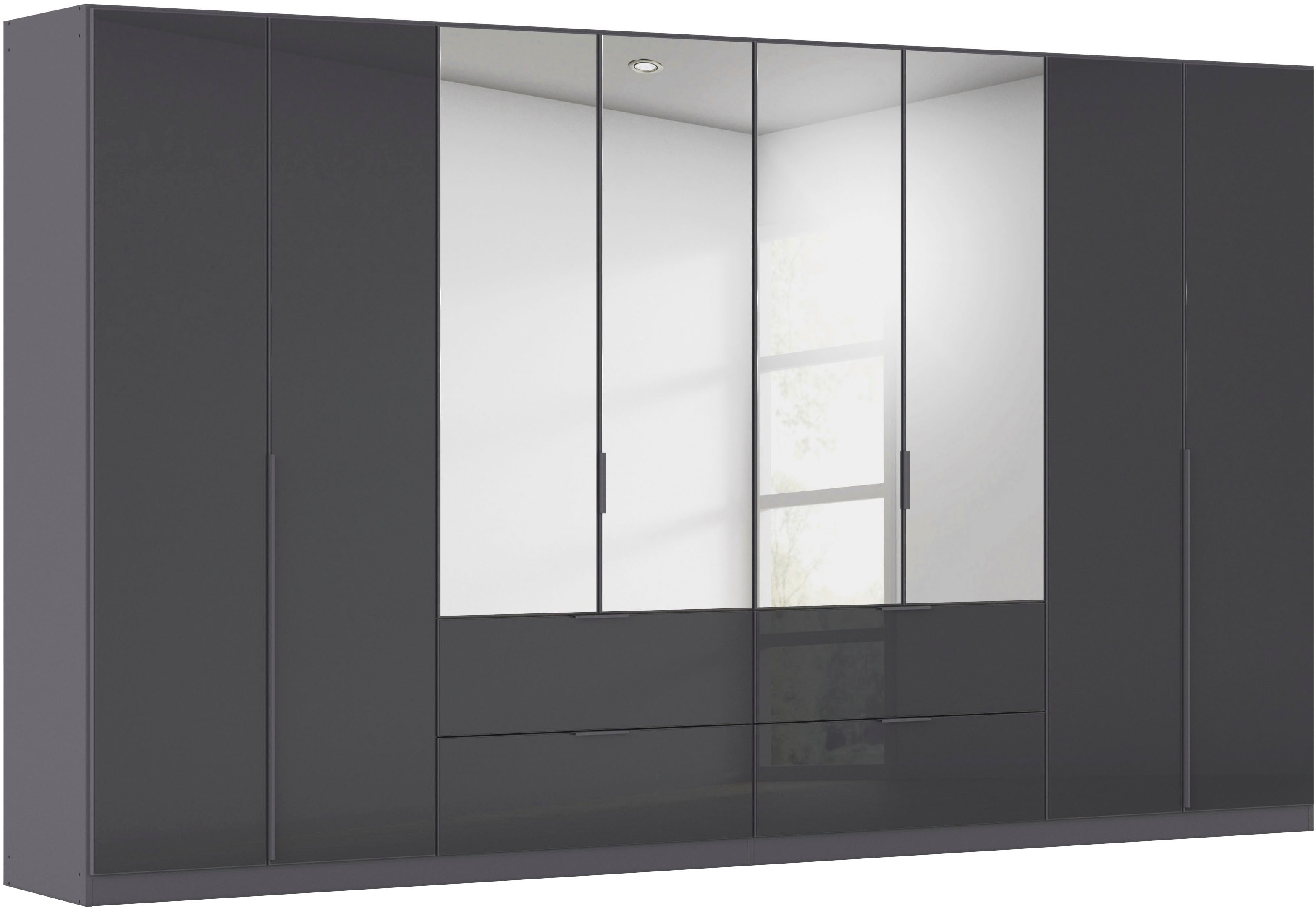 Drehtürenschrank RAUCH "Kleiderschrank Kleiderschränke Schrank Garderobe AGORDO mit Glasfront", graumetallic, glas basalt, B:360cm H:210cm T:54cm, Holzwerkstoff, Schränke, mit Außenschubkästen, in 7 Breiten und 2 Höhen MADE IN GERMANY Image