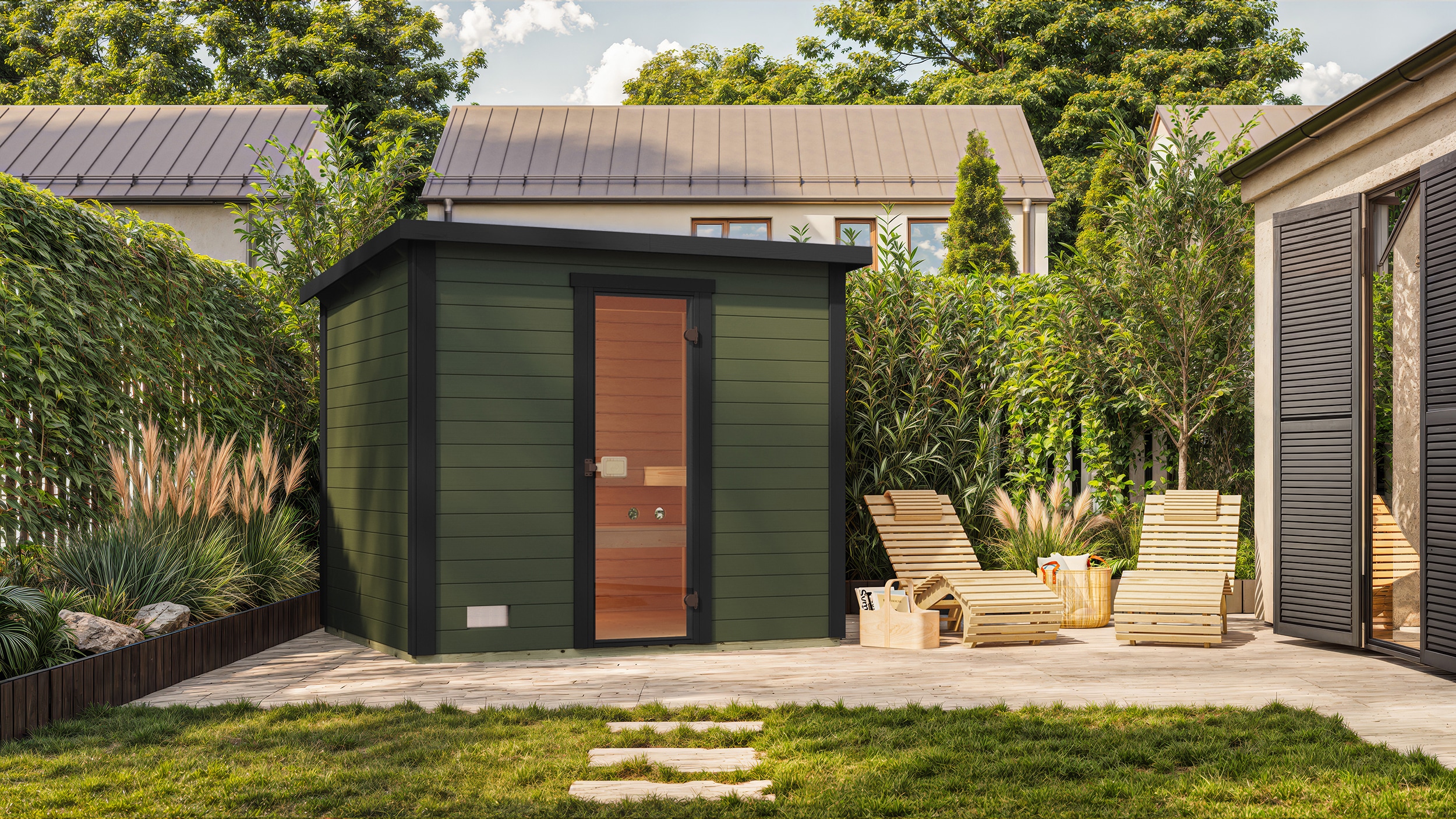 Saunahaus WEKA "Kaapi 4", anthrazit, Saunaofen, externe Steuerung, 9 kW, Saunen, Blockbohlen aus Fichtenholz Image