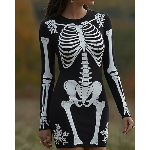Femmes Mini Robe Robe Pull Robe Décontractée Robe bohème Mode Classique Moderne Extérieur Halloween Quotidien Coupe régulière Graphique Crâne manche longue Col ras du cou Noir Printemps Automne