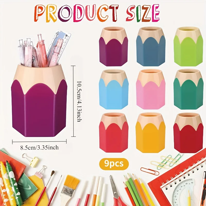 9/6pcs Cartoon Pencil-Shaped Desk Organizer Set | PE Plastic Pen Holder with Cup and Box, Office Colorful Stationery Storage