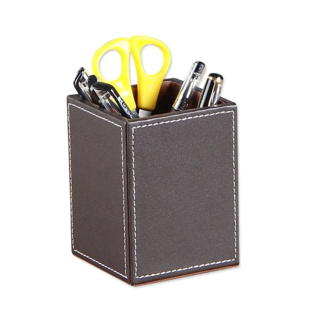 New PU Leather Pen Holder Round/Square Large-capacity Stationery Storage Holder Portable Desktop Organizer Student Gift