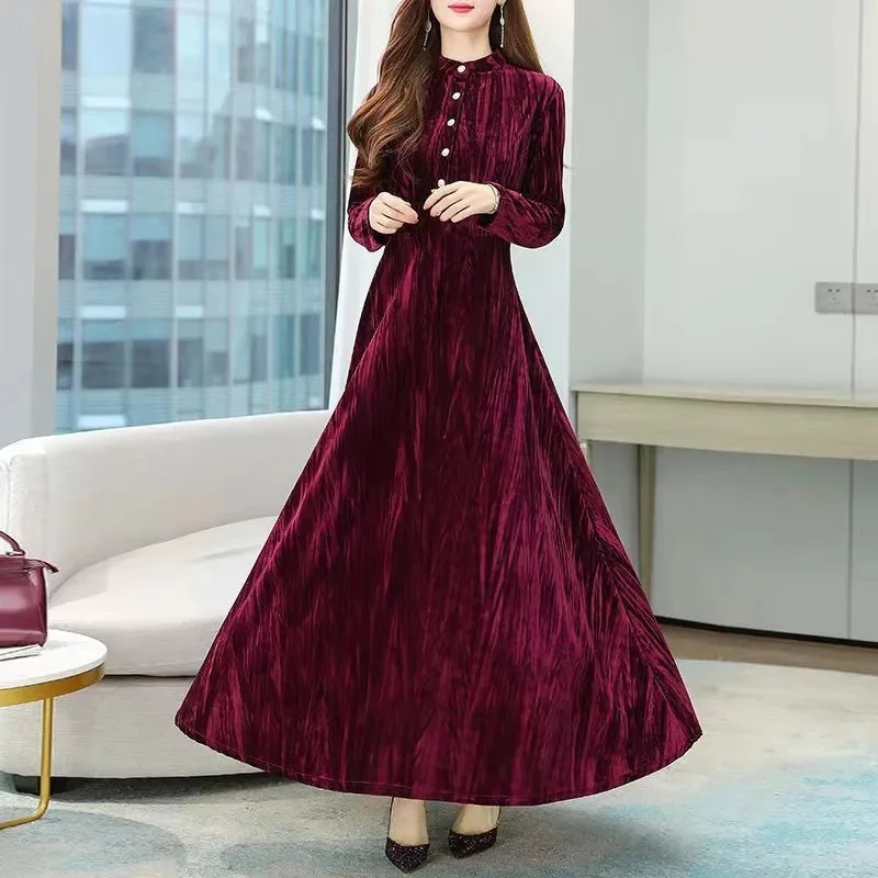 Robe longue en velours doré pour femme, vêtements pour femme, manches longues, robe élégante pour femme, robe de soirée féminine, vêtements éducatifs, automne, hiver, nouveau