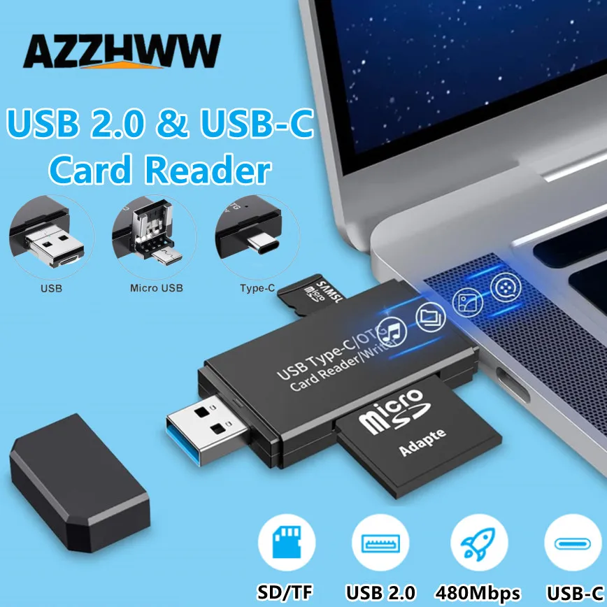 Lecteur de carte mémoire 5 en 1 lecteur de carte SD USB2.0 et USB C adaptateur de lecteur de carte Micro SD pour lecteur de carte mémoire SD/Micro SD/SDHC/MMC