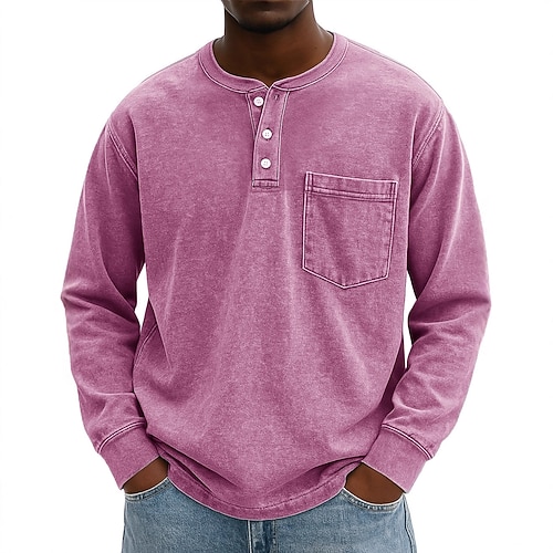 Per uomo Maglia Henley Camicia vintage Maglietta Manica Lunga Vintage Tinta unita Retrò Vintage Casual Stile Vintage Lavato Henley Casuale Primavera Autunno Tutte le stagioni Nero Rosa Grigio