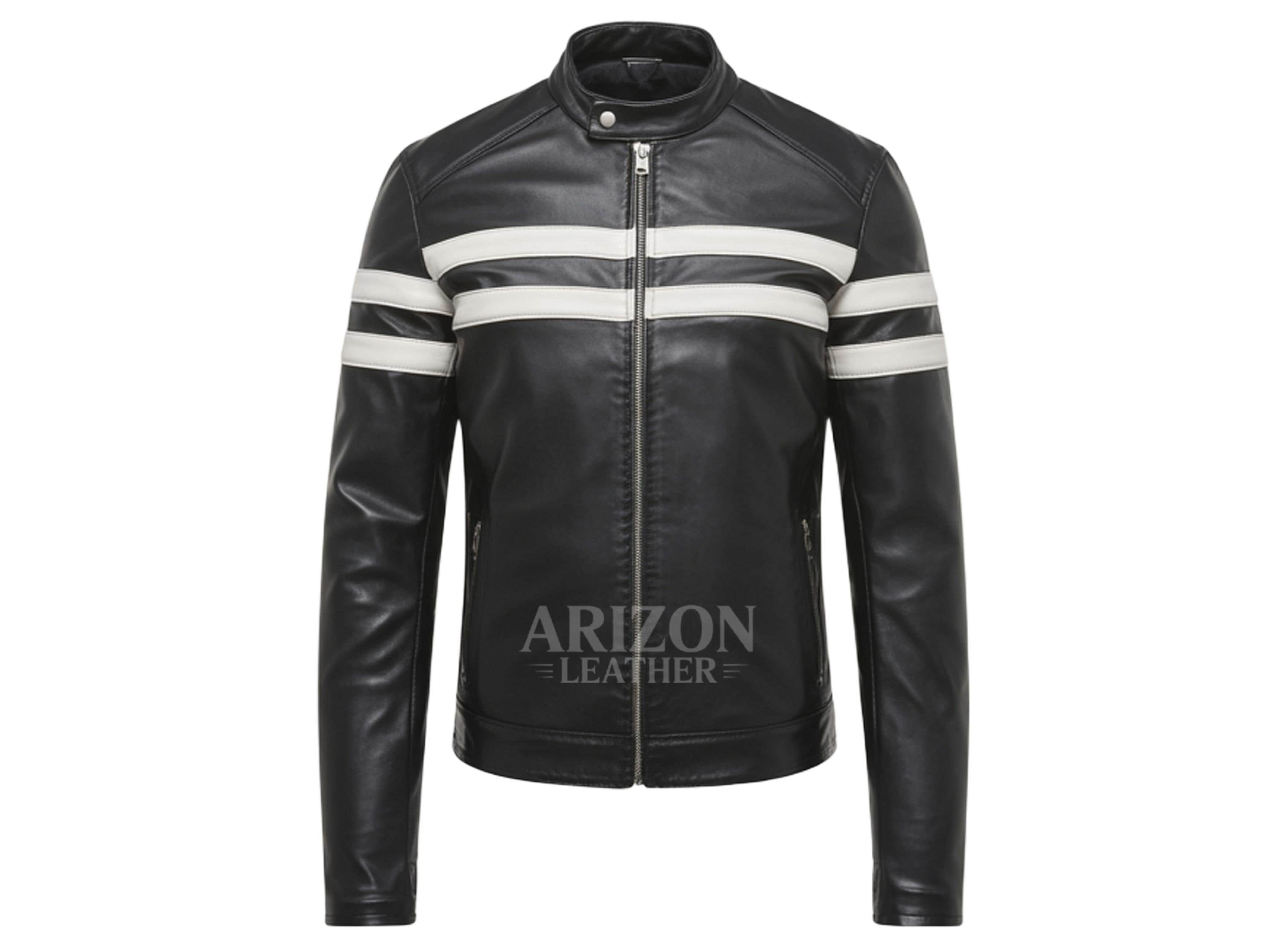Giacca da motociclista in pelle nera da uomo con strisce bianche | Giacca da motociclista Café Racer | Giacca da corsa in pelle classica slim fit